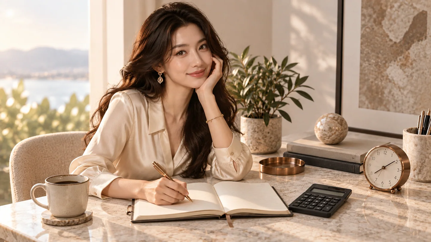 Woman planning a budget and time with notebook and clock — AI editorial illustration
