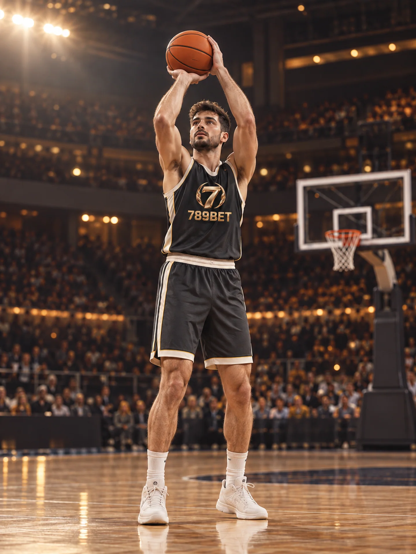 Basketball player wearing a 789BET jersey taking a shot — AI editorial illustration