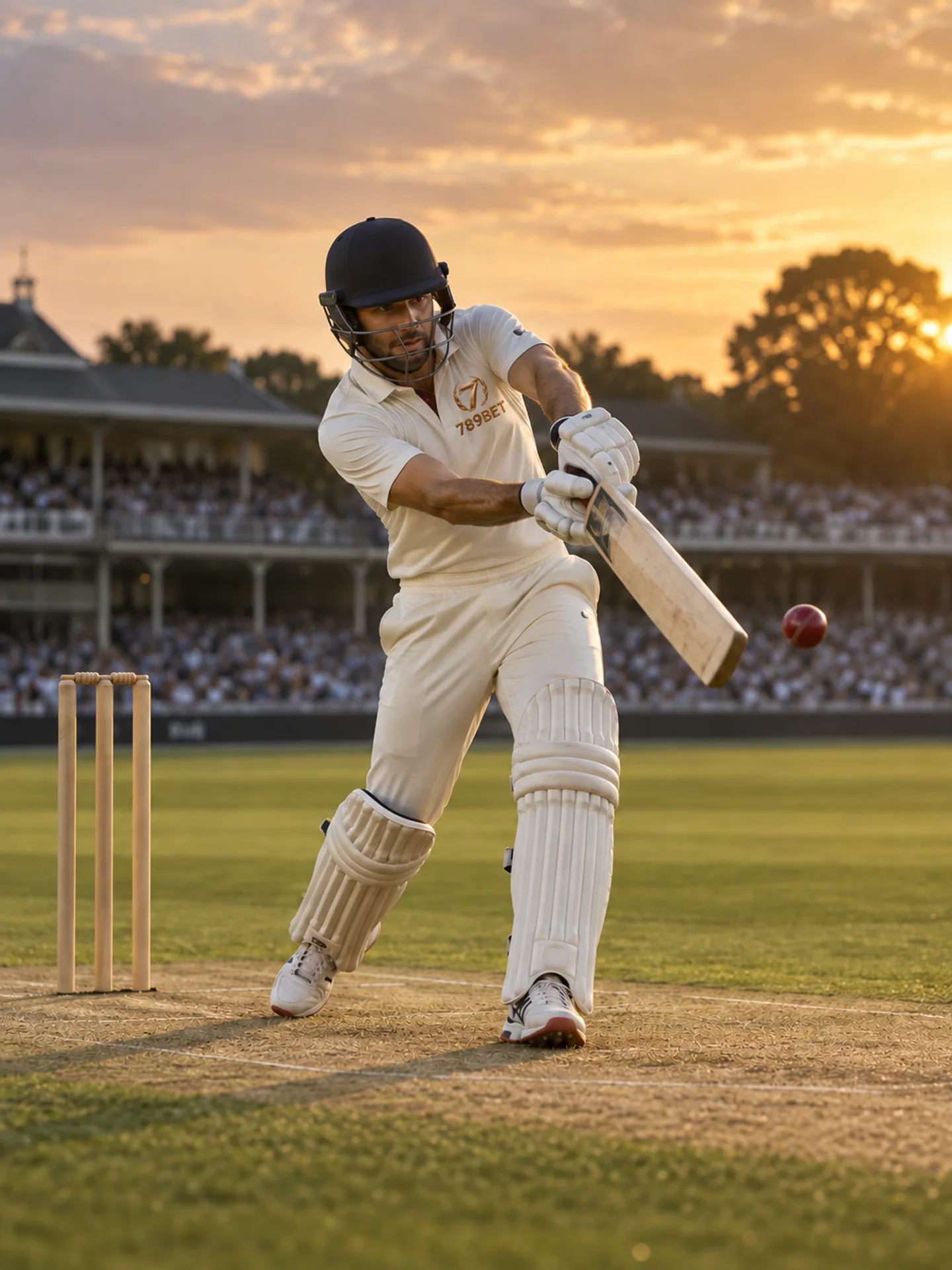 Cricket batter wearing a 789BET jersey at sunset — AI editorial illustration