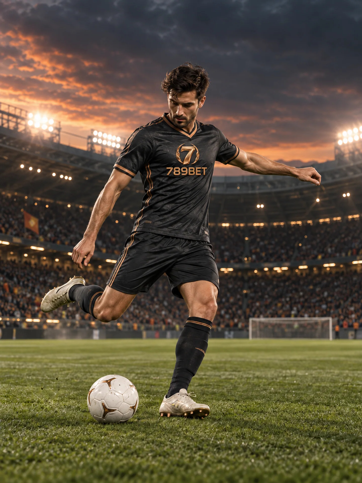 Football player wearing a 789BET jersey on a stadium pitch — AI editorial illustration