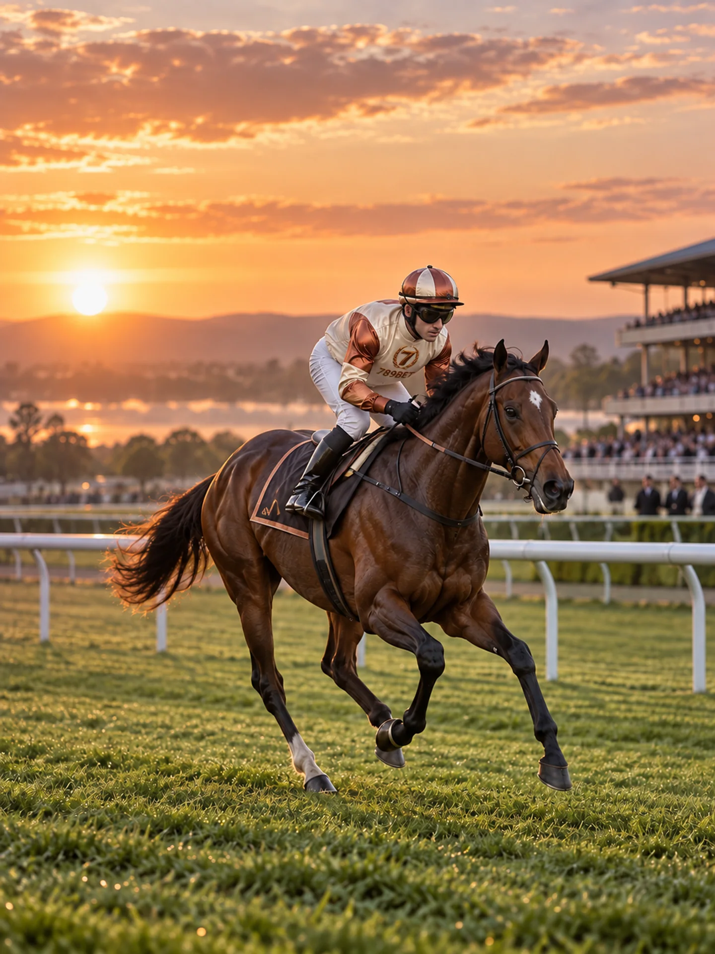 Jockey wearing 789BET silks on a racecourse — AI editorial illustration