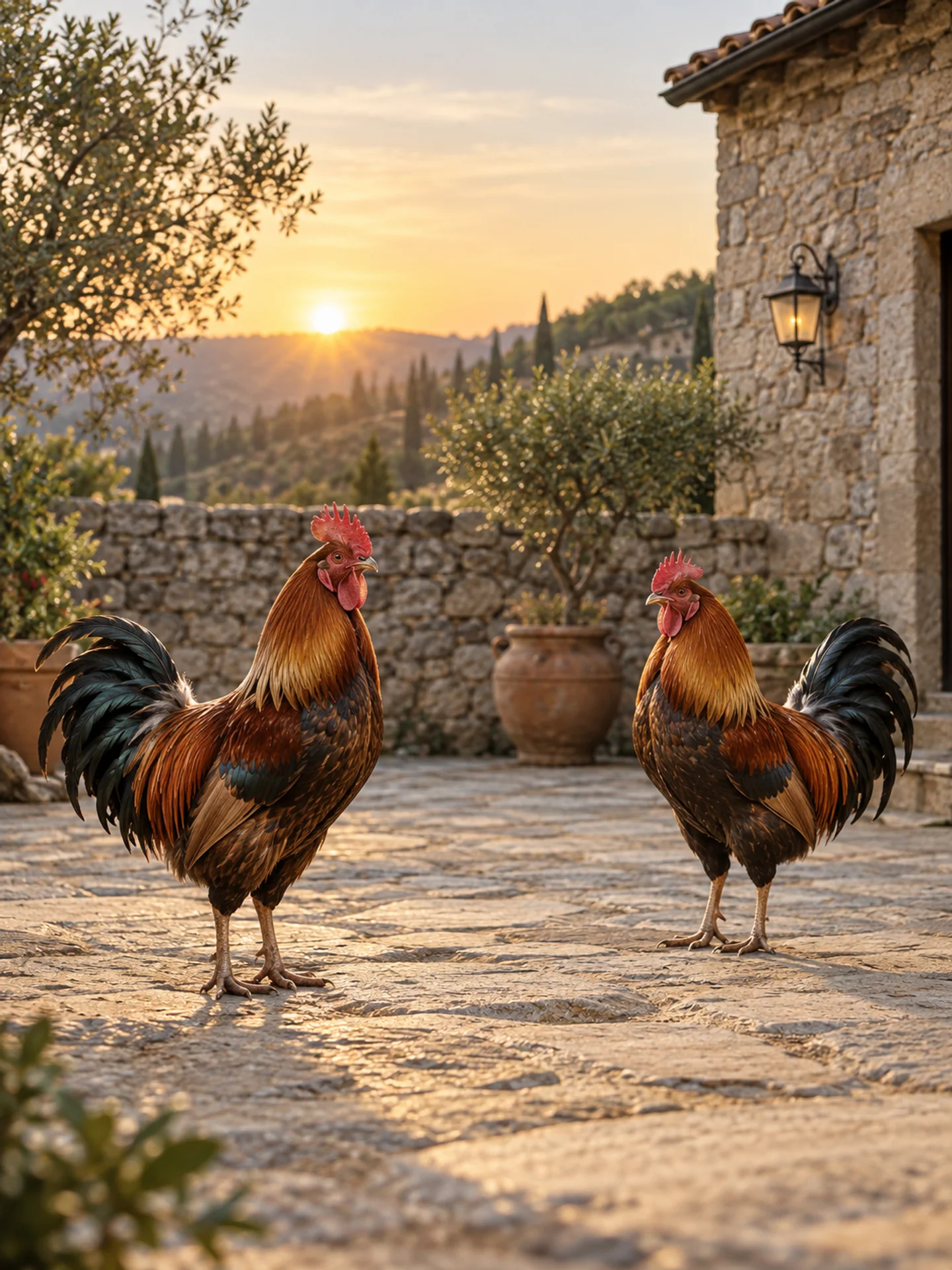 Two roosters in a peaceful courtyard — AI editorial illustration