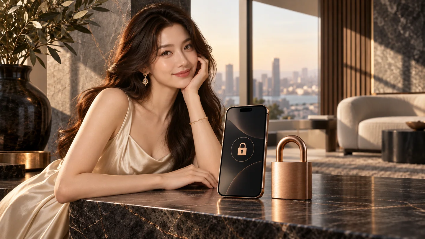 Woman with a secure phone and lock icon — AI editorial illustration