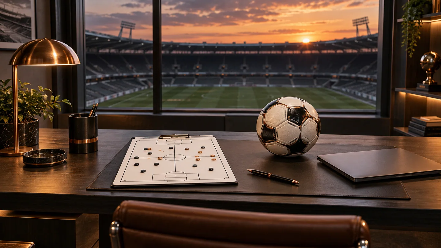 Football tactics desk — AI editorial illustration