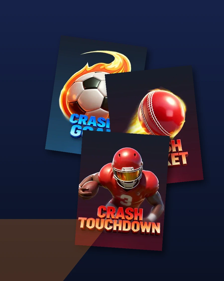 Crash Goal, Crash Cricket and Crash Touchdown game art in a stacked composition