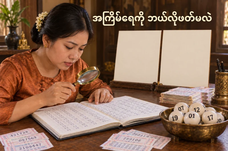 ထီအတိတ်ရလဒ်ဇယားနှင့် ပွဲအရေအတွက်ကို လေ့လာနေသည့် သရုပ်ဖော်ပုံ။