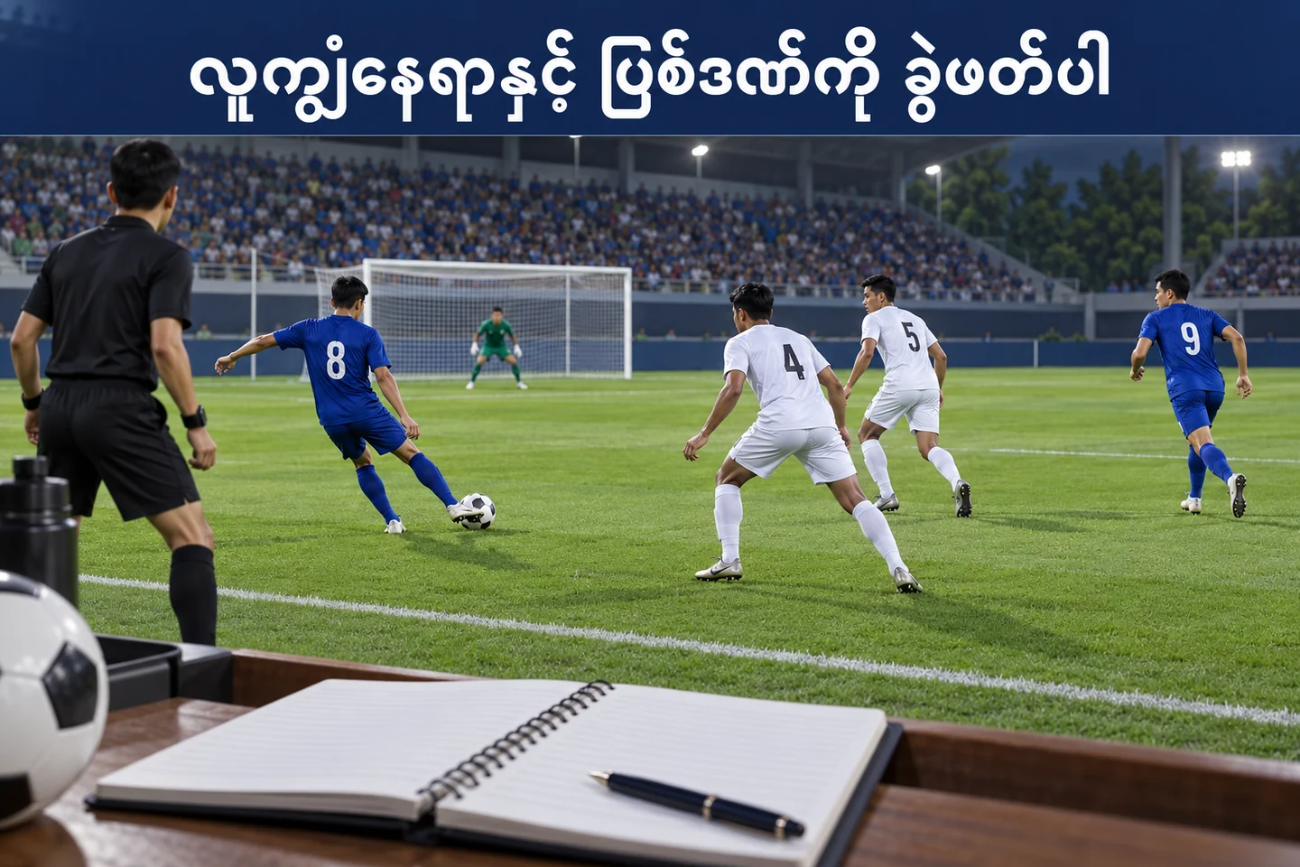 ဘောလုံးပေးချိန်ကို စစ်ဆေးနေသည့် ဒိုင်နှင့် ကစားသမားများကို သရုပ်ဖော်ထားပုံ